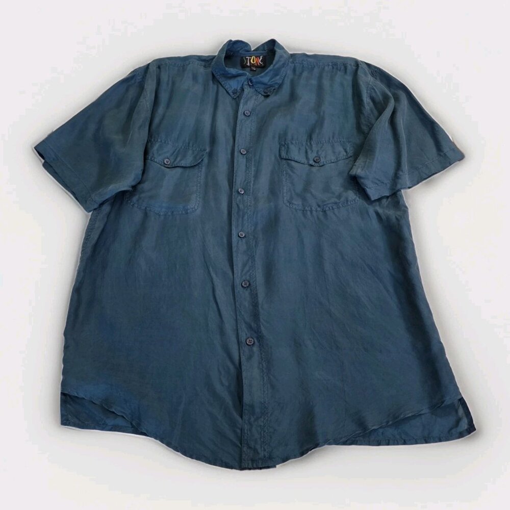 Vtg Stone Silks Shirt Mens L Teal SS Lightweight Button Down Pockets Boho Retro - Picture 8 of 13